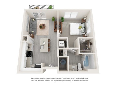 Floor plan for 1 bed, 1 bath, 664 sqft